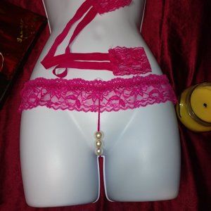 Pink Lacy Pearl Thong & Lace Cuffs